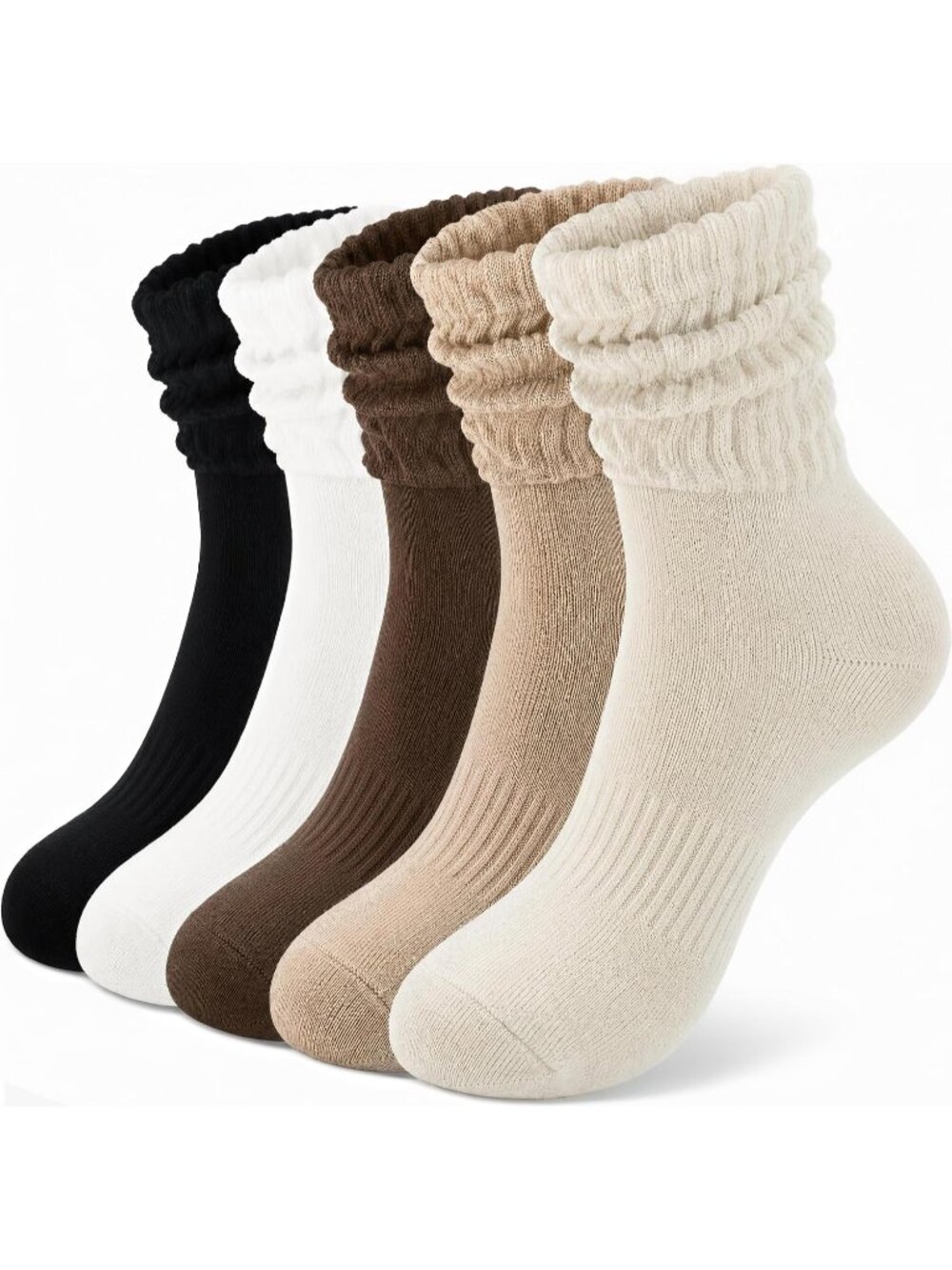 🧦Women's White Beige 5 Pair Slouchy Socks Slouch Cotton Crew Scrunch Socks